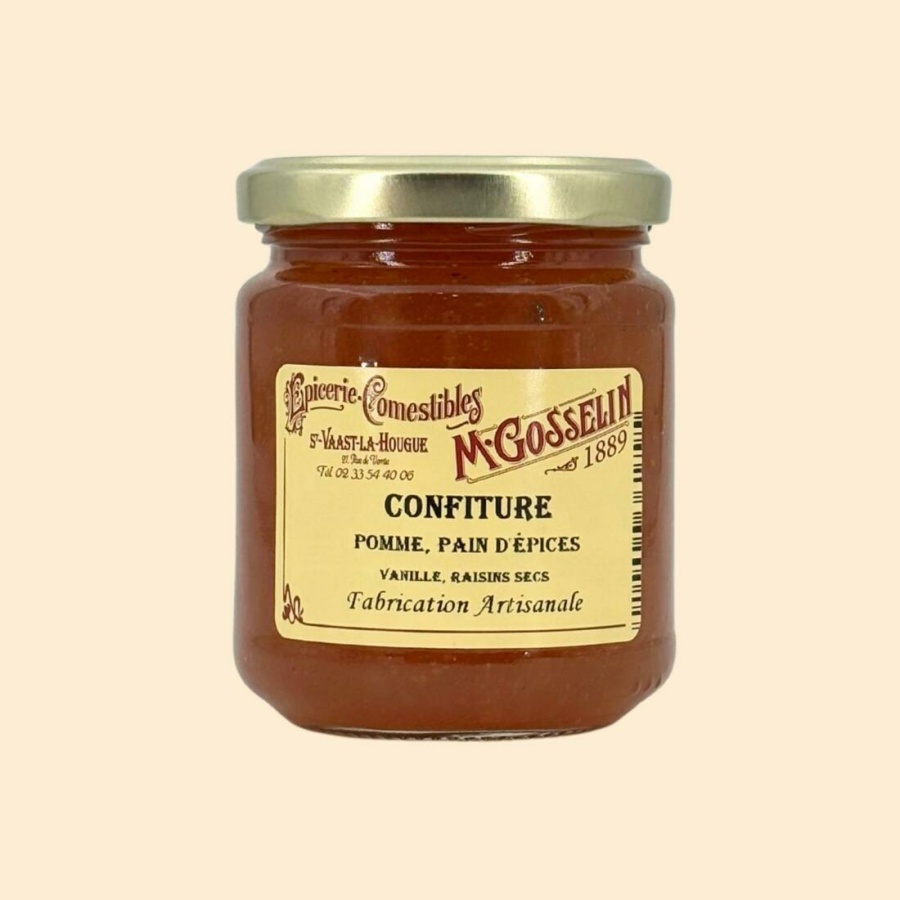 Confiture pomme, pain d'épices, vanille, raisins secs